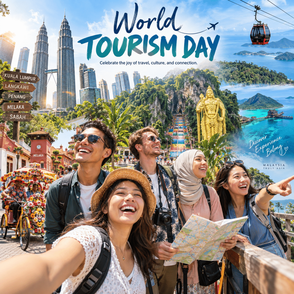 Group of diverse travelers posing for a selfie in a vibrant Malaysia travel scene with skyline, signposts, and a cable car in the background.