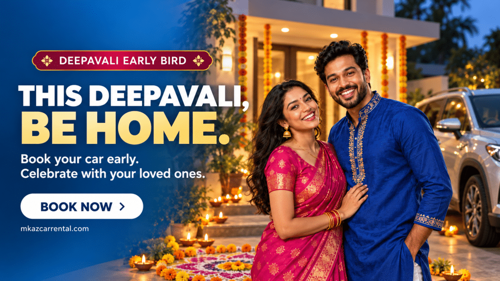 Festive Deepavali advertisement with a smiling couple in traditional attire beside a decorated house and glowing lamps; promotes early-bird booking.