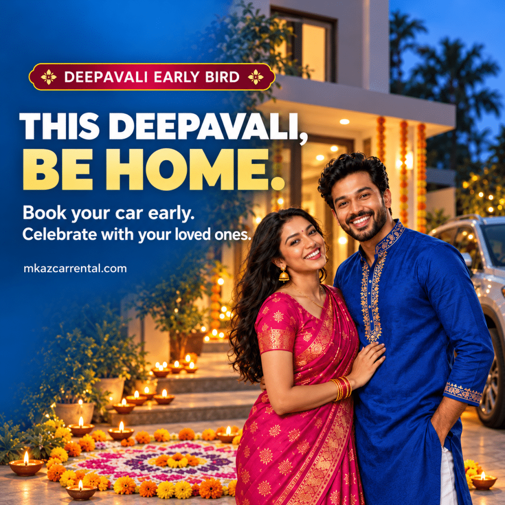 Happy Indian couple in festive attire stands outside a warmly lit home, promoting Deepavali car rental with the slogan 'This Deepavali, Be Home.'