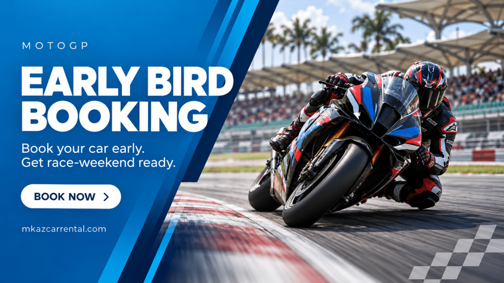MotoGP promotional banner: bold blue left panel reads 'EARLY BIRD BOOKING' with a rider on a racing bike on a track to the right.
