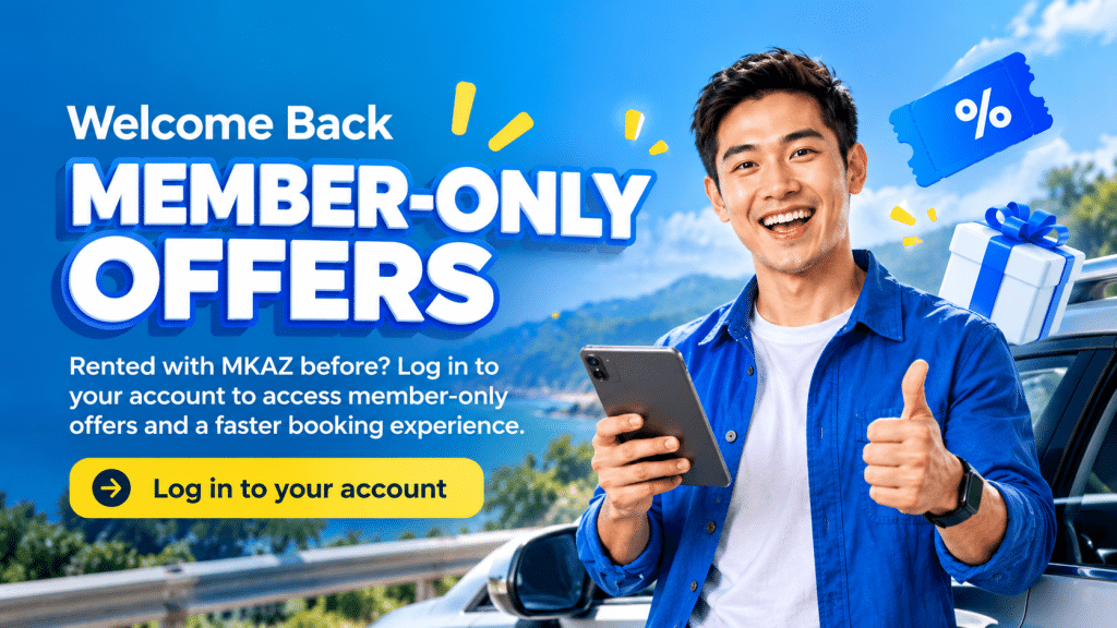 Promotional banner: smiling man with a tablet and thumbs up beside a car, advertising member-only offers.