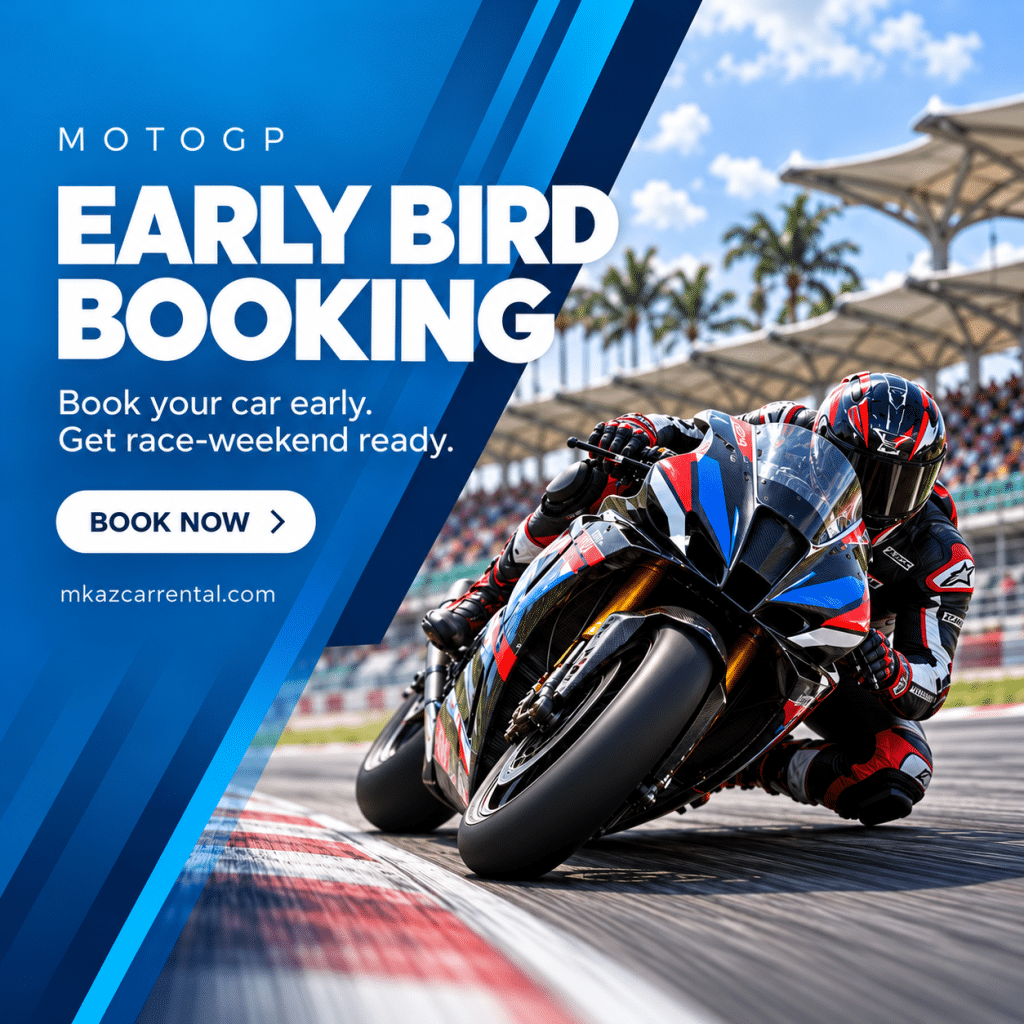 MotoGP promo banner with bold 'Early Bird Booking' text over blue geometric design and a racing motorcycle on a track