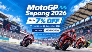 MotoGP Sepang 2026 Racing Promotion - MKAZ Car Rental - MKAZ Car Rental MotoGP Sepang 2026 promotional banner: up to 7% off, race bikes on track, valid Oct 28–Nov 5, 2026, with code MOTOGP26