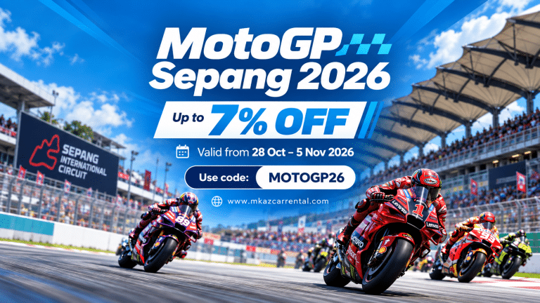 MotoGP Sepang 2026 promotional banner: up to 7% off, race bikes on track, valid Oct 28–Nov 5, 2026, with code MOTOGP26