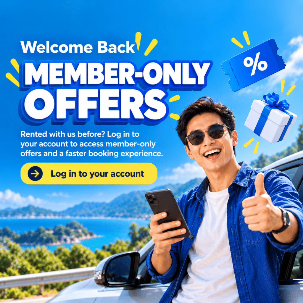 Blue promo banner: 'Welcome Back MEMBER-ONLY OFFERS'; man in sunglasses gives a thumbs up, holding a phone, with a yellow 'Log in to your account' button.