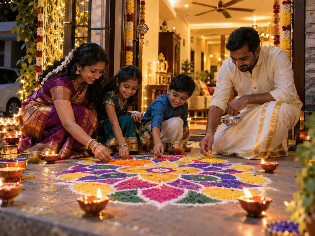 Family gathered on floor creating a colorful flower rangoli with lit diyas during Diwali celebration in a home entrance.