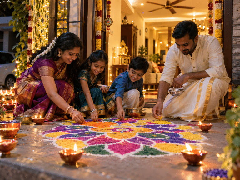 Family gathered on floor creating a colorful flower rangoli with lit diyas during Diwali celebration in a home entrance.