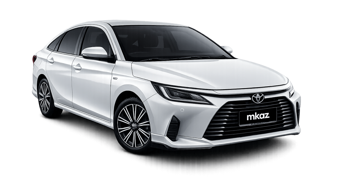 White sedan car shown from a front-left angle with a prominent black grille and alloy wheels.